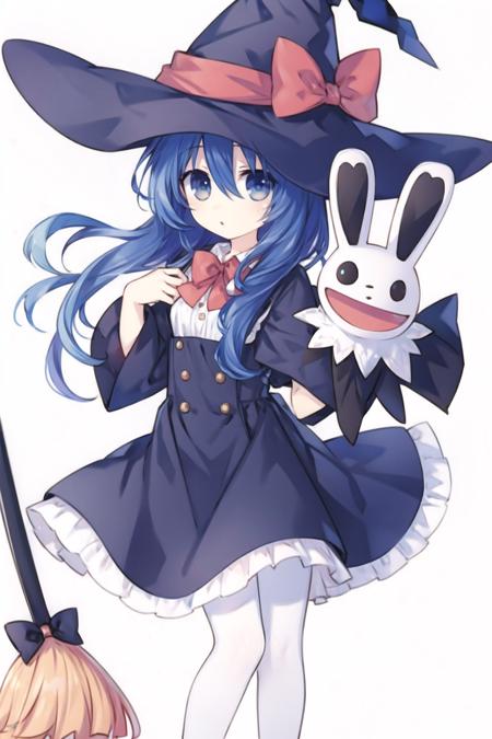 03265-2269845280-simple background,1girl,blue hair,blue eyes,long hair,witch hat,dress,bow,white pantyhose,broom,rabbit puppet,__lora_HY2_0.7_,.png